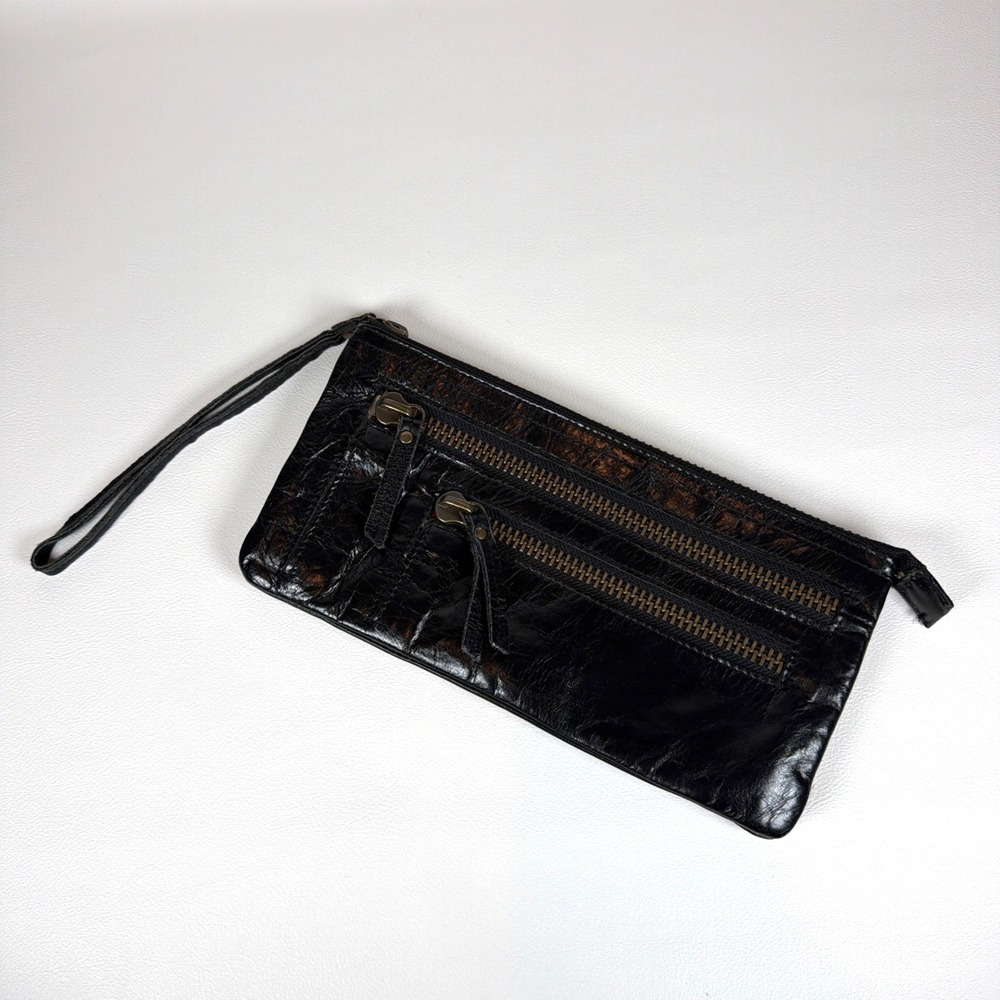 Latico Black Leather Wristlet Clutch Triple Zip Distressed Organizer Bag